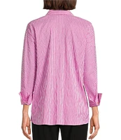 Ali Miles Crinkle Stripe Y Neckline Cuffed 3/4 Sleeve Top