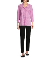 Ali Miles Crinkle Stripe Y Neckline Cuffed 3/4 Sleeve Top