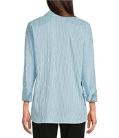 Ali Miles Crinkle Stripe Y Neckline Cuffed 3/4 Sleeve Top