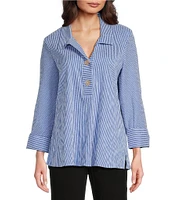 Ali Miles Crinkle Stripe Y Neckline Cuffed 3/4 Sleeve Top