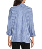 Ali Miles Crinkle Stripe Y Neckline Cuffed 3/4 Sleeve Top