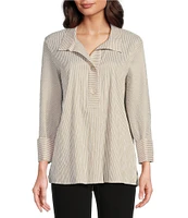 Ali Miles Crinkle Stripe Y Neckline Cuffed 3/4 Sleeve Top