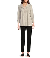 Ali Miles Crinkle Stripe Y Neckline Cuffed 3/4 Sleeve Top