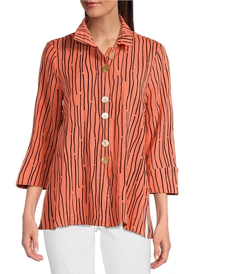 Ali Miles Crinkle Woven Abstract Stripe Wire Collar 3/4 Sleeve Button Front Tunic