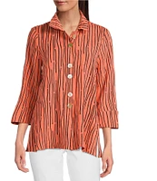 Ali Miles Crinkle Woven Abstract Stripe Wire Collar 3/4 Sleeve Button Front Tunic