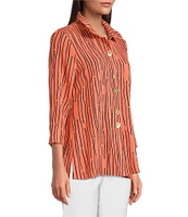 Ali Miles Crinkle Woven Abstract Stripe Wire Collar 3/4 Sleeve Button Front Tunic