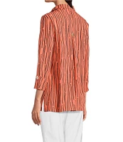 Ali Miles Crinkle Woven Abstract Stripe Wire Collar 3/4 Sleeve Button Front Tunic