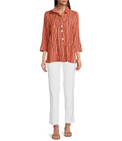 Ali Miles Crinkle Woven Abstract Stripe Wire Collar 3/4 Sleeve Button Front Tunic