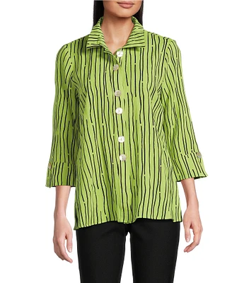 Ali Miles Crinkle Woven Abstract Stripe Wire Collar 3/4 Sleeve Button Front Tunic