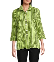 Ali Miles Crinkle Woven Abstract Stripe Wire Collar 3/4 Sleeve Button Front Tunic
