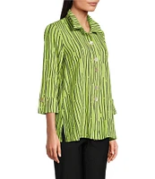 Ali Miles Crinkle Woven Abstract Stripe Wire Collar 3/4 Sleeve Button Front Tunic