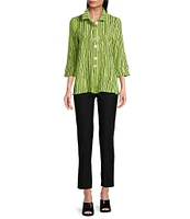 Ali Miles Crinkle Woven Abstract Stripe Wire Collar 3/4 Sleeve Button Front Tunic