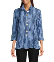 Ali Miles Crinkle Woven Abstract Stripe Wire Collar 3/4 Sleeve Button Front Tunic