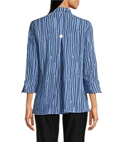 Ali Miles Crinkle Woven Abstract Stripe Wire Collar 3/4 Sleeve Button Front Tunic