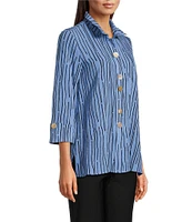 Ali Miles Crinkle Woven Abstract Stripe Wire Collar 3/4 Sleeve Button Front Tunic