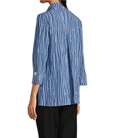 Ali Miles Crinkle Woven Abstract Stripe Wire Collar 3/4 Sleeve Button Front Tunic