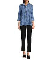 Ali Miles Crinkle Woven Abstract Stripe Wire Collar 3/4 Sleeve Button Front Tunic