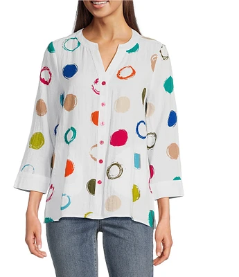 Ali Miles Dotted Y-Neck 3/4 Sleeve Hi-Low Popover Top