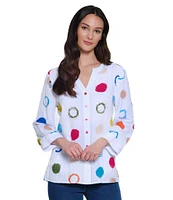 Ali Miles Dotted Y-Neck 3/4 Sleeve Hi-Low Popover Top