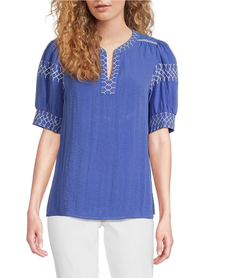 Ali Miles Embroidered Split V-Neck Elbow Sleeve Tunic