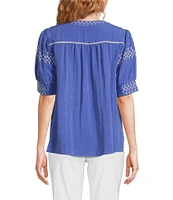 Ali Miles Embroidered Split V-Neck Elbow Sleeve Tunic