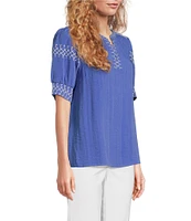 Ali Miles Embroidered Split V-Neck Elbow Sleeve Tunic