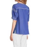 Ali Miles Embroidered Split V-Neck Elbow Sleeve Tunic