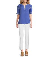 Ali Miles Embroidered Split V-Neck Elbow Sleeve Tunic