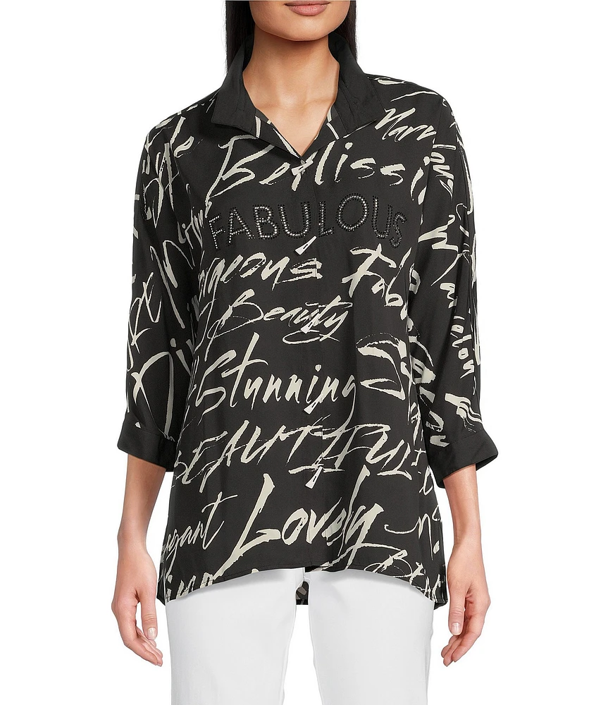 Ali Miles Fashion Conversational Print Wire Collar 3/4 Roll-Tab Sleeve Button Front Tunic