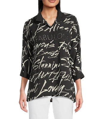 Ali Miles Fashion Conversational Print Wire Collar 3/4 Roll-Tab Sleeve Button Front Tunic