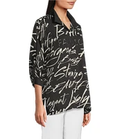 Ali Miles Fashion Conversational Print Wire Collar 3/4 Roll-Tab Sleeve Button Front Tunic