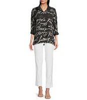 Ali Miles Fashion Conversational Print Wire Collar 3/4 Roll-Tab Sleeve Button Front Tunic