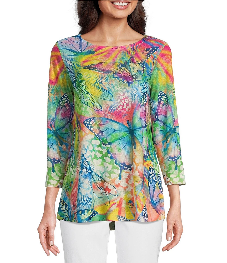 Ali Miles Floral Butterfly Printed Scoop Neck 3/4 Sleeve Top