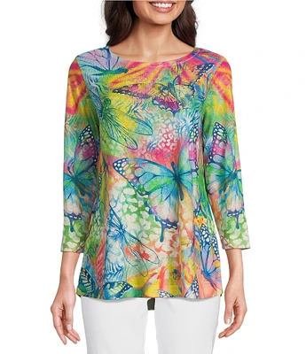 Ali Miles Floral Butterfly Printed Scoop Neck 3/4 Sleeve Top