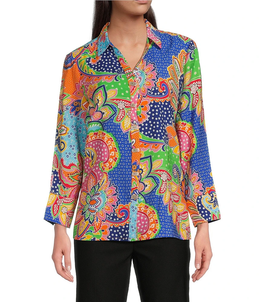 Ali Miles Floral Paisley Point Collar 3/4 Sleeve Button Front Shirt