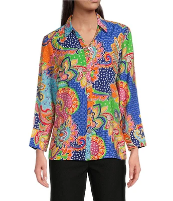 Ali Miles Floral Paisley Point Collar 3/4 Sleeve Button Front Shirt