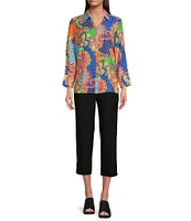 Ali Miles Floral Paisley Point Collar 3/4 Sleeve Button Front Shirt