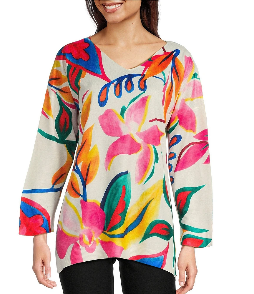 Ali Miles Floral Print Scoop Neck Long Sleeve Popover Tunic