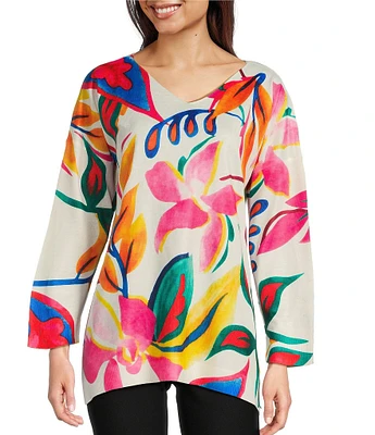 Ali Miles Floral Print Scoop Neck Long Sleeve Popover Tunic