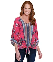 Ali Miles Floral Print V-Neck 3/4 Sleeve Front Tie Tunic
