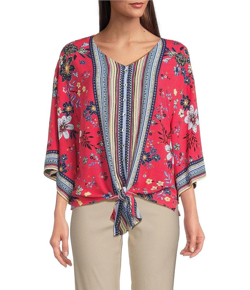 Ali Miles Floral Print V-Neck 3/4 Sleeve Front Tie Tunic