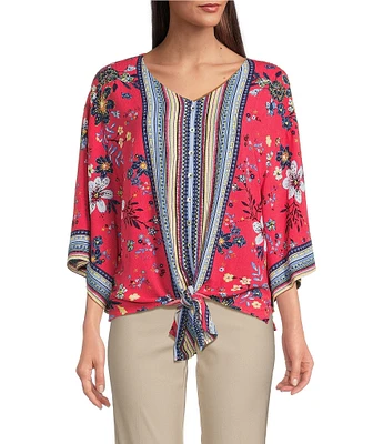 Ali Miles Floral Print V-Neck 3/4 Sleeve Front Tie Tunic