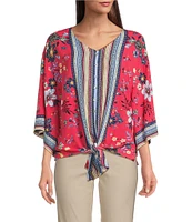 Ali Miles Floral Print V-Neck 3/4 Sleeve Front Tie Tunic