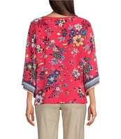 Ali Miles Floral Print V-Neck 3/4 Sleeve Front Tie Tunic