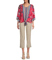 Ali Miles Floral Print V-Neck 3/4 Sleeve Front Tie Tunic