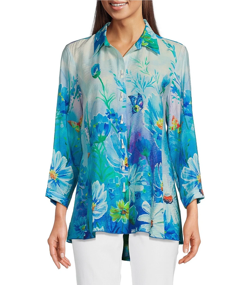 Ali Miles Floral Printed Point Collar 3/4 Sleeve Button Front Tunic