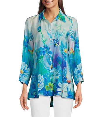 Ali Miles Floral Printed Point Collar 3/4 Sleeve Button Front Tunic