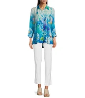 Ali Miles Floral Printed Point Collar 3/4 Sleeve Button Front Tunic