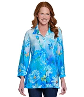 Ali Miles Floral Printed Point Collar 3/4 Sleeve Button Front Tunic