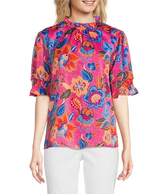 Ali Miles Floral Ruffle Round Neck Elbow Sleeve Print Popover Tunic
